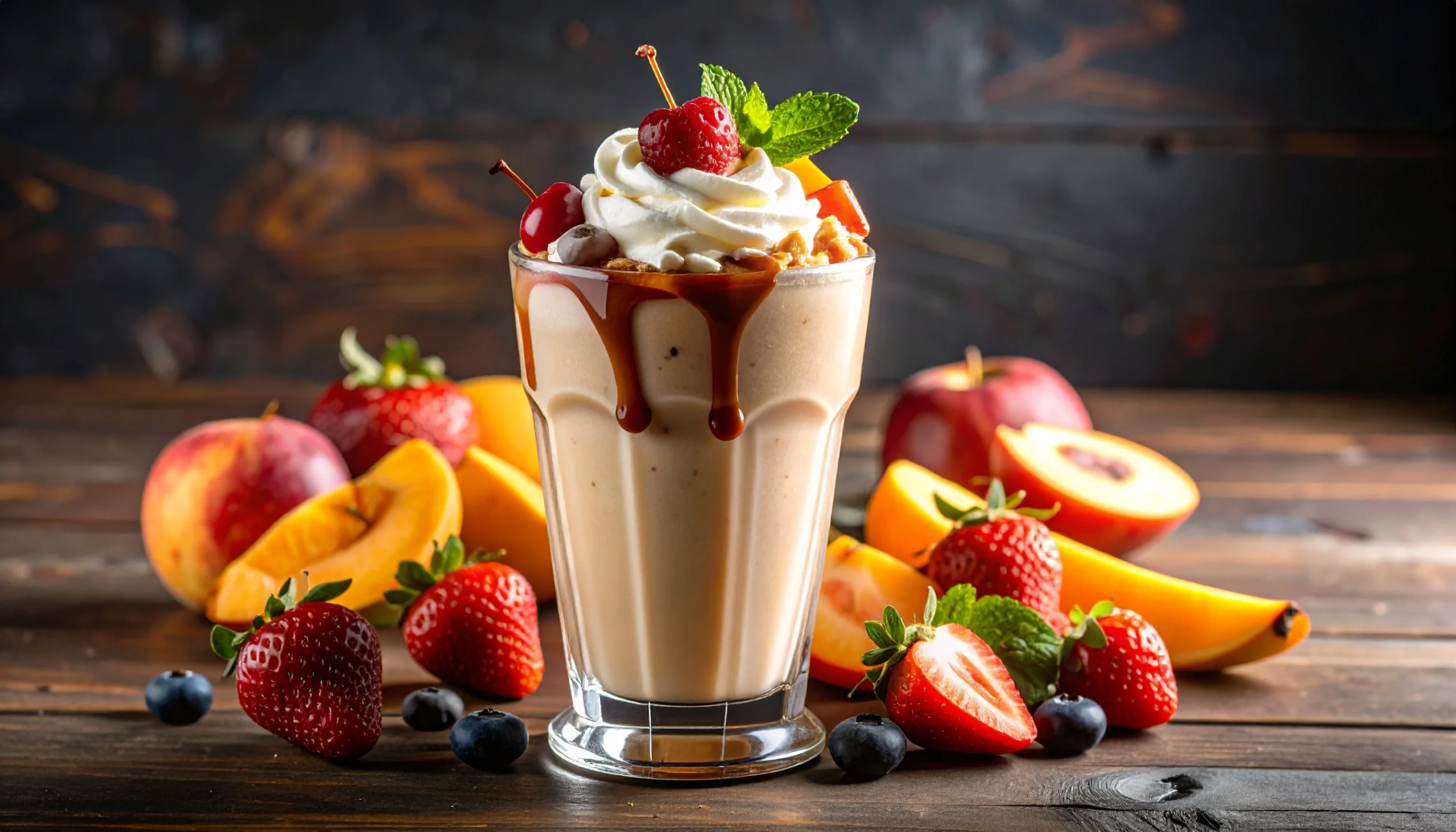 Frappeé-in-Glas-mit-Sirup-und-Früchten